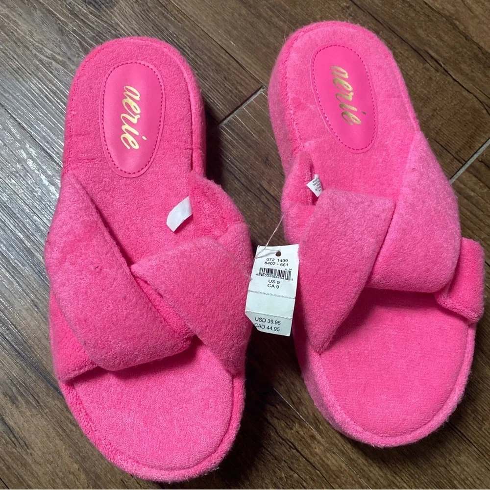 aerie Bright Pink Knotted Terry Platform Slides